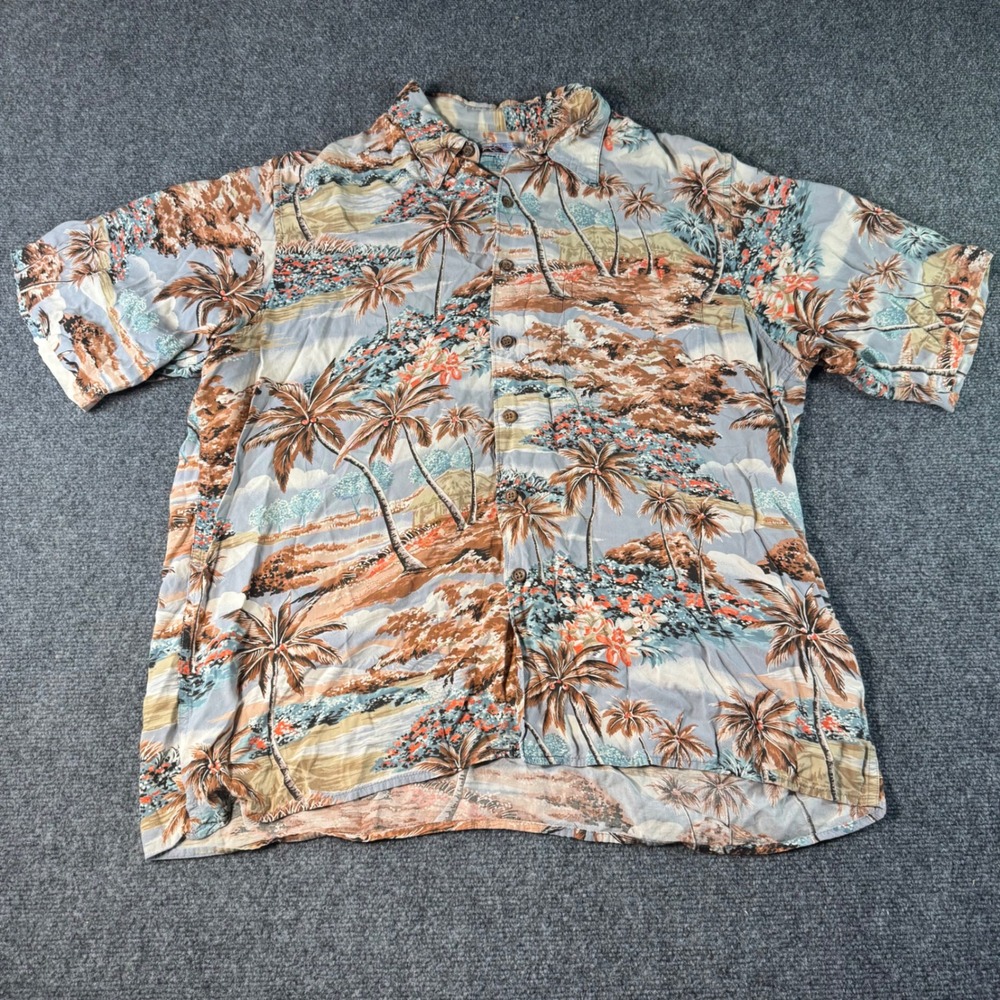 Reyn Spooner Hawaiian Traditions Spun Rayon Aloha Shirt Palm Tree Print Mens L